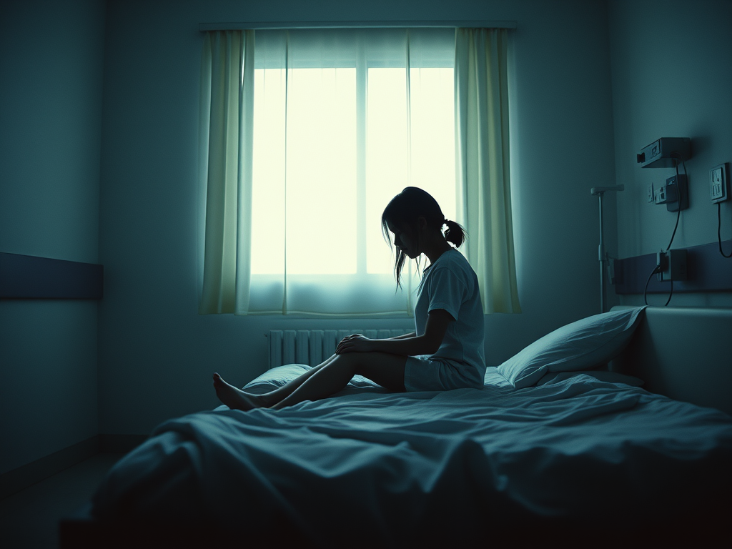 teenage girl in hospital room sitting on bed depressing lighting 2
