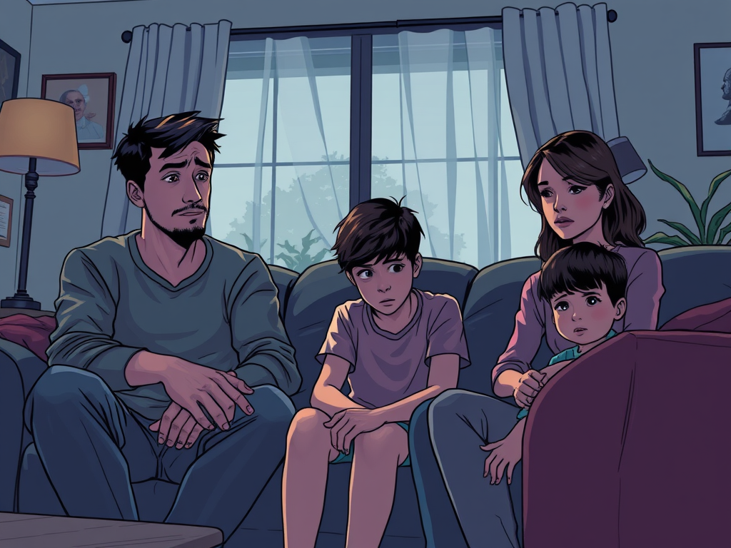 generate a detailed image depicting a family gathered in a 1