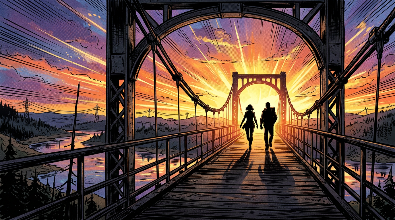 Two people walking on a suspension bridge towards a glowing sunset with landscape and river in background