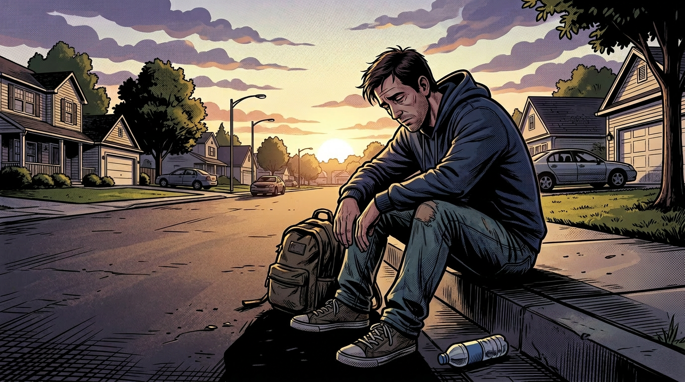 Man sitting on curb at dawn with backpack and water bottle, looking exhausted
