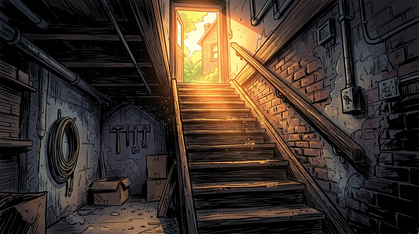 Wooden basement stairs leading to an open door and daylight