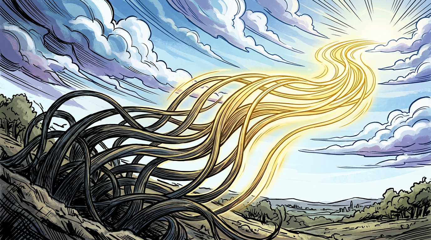 Tangled dark and golden strands flowing across a sunlit landscape